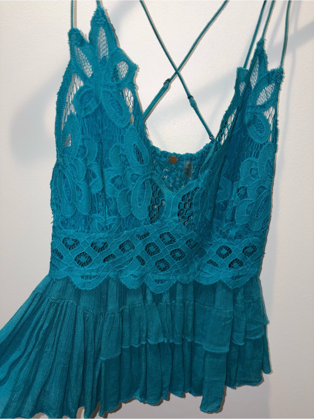 Free People Teal Lace Trim Tank Top